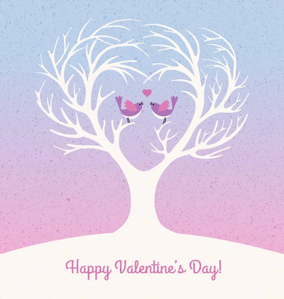 Feliz cartão de Dia dos Namorados com árvore em forma de coração e 2 pombinhos —  Vetores de Stock