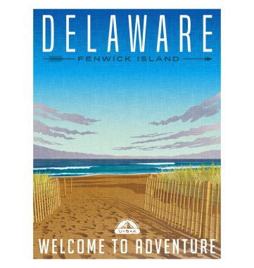 Delaware travel poster or sticker. Retro style vector illustration of serene beach and Atlantic ocean. clipart