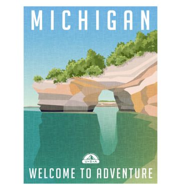 Michigan seyahat poster ya da etiket. Retro tarzı vektör çizim kumtaşı kayalıklarla Superior Gölü kıyı üzerinde.