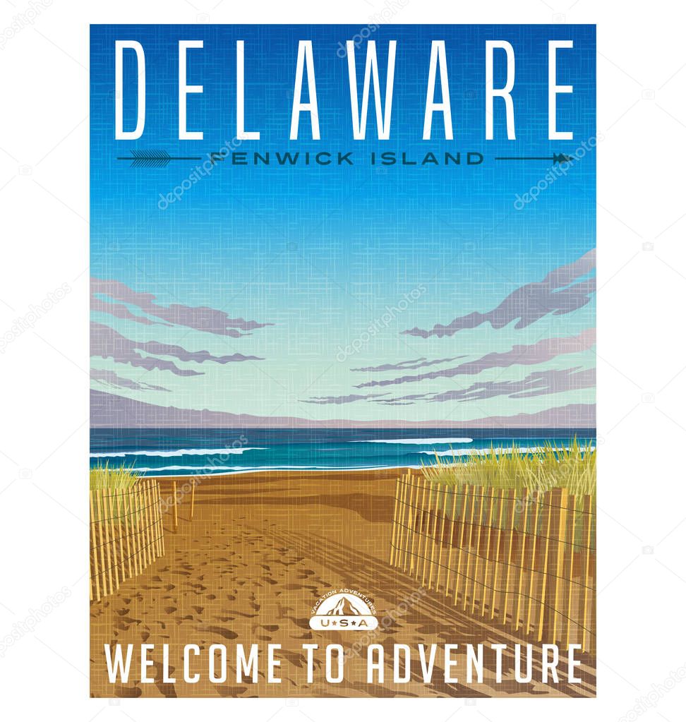 Delaware travel poster or sticker. Retro style vector illustration of serene beach and Atlantic ocean.