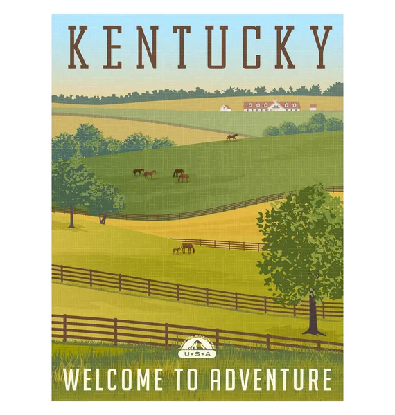 Kentucky, Estados Unidos cartel de viaje retro o etiqueta engomada. Paisaje de granja escénico con colinas onduladas, caballos, vallas y establos — Archivo Imágenes Vectoriales