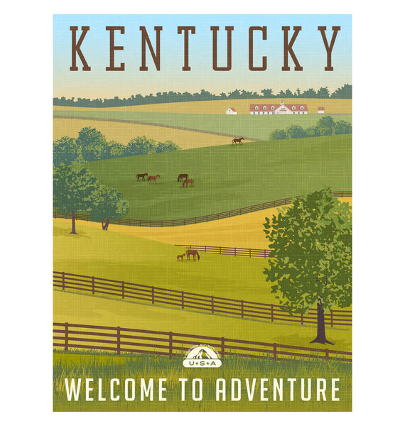 Kentucky, United States retro travel poster or sticker. Scenic farm landscape with rolling hills, horses, fences and stables