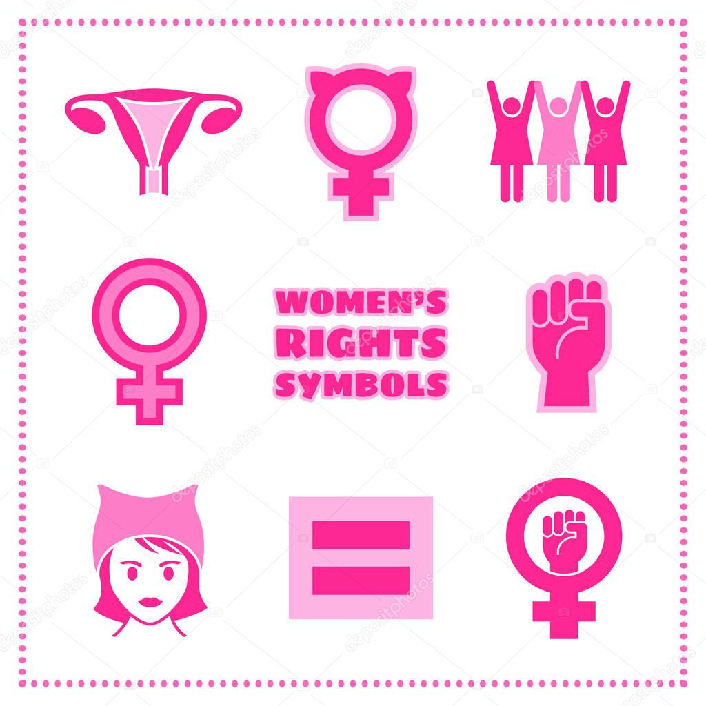 Set of vector feminist symbols including female symbols, equality sign, pussy hat and raised fist.