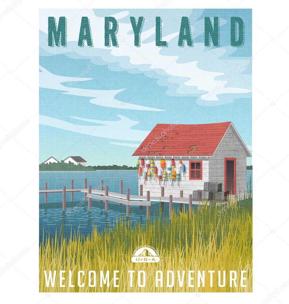 Maryland travel poster. Fishing shack with crab traps and buoys. 
