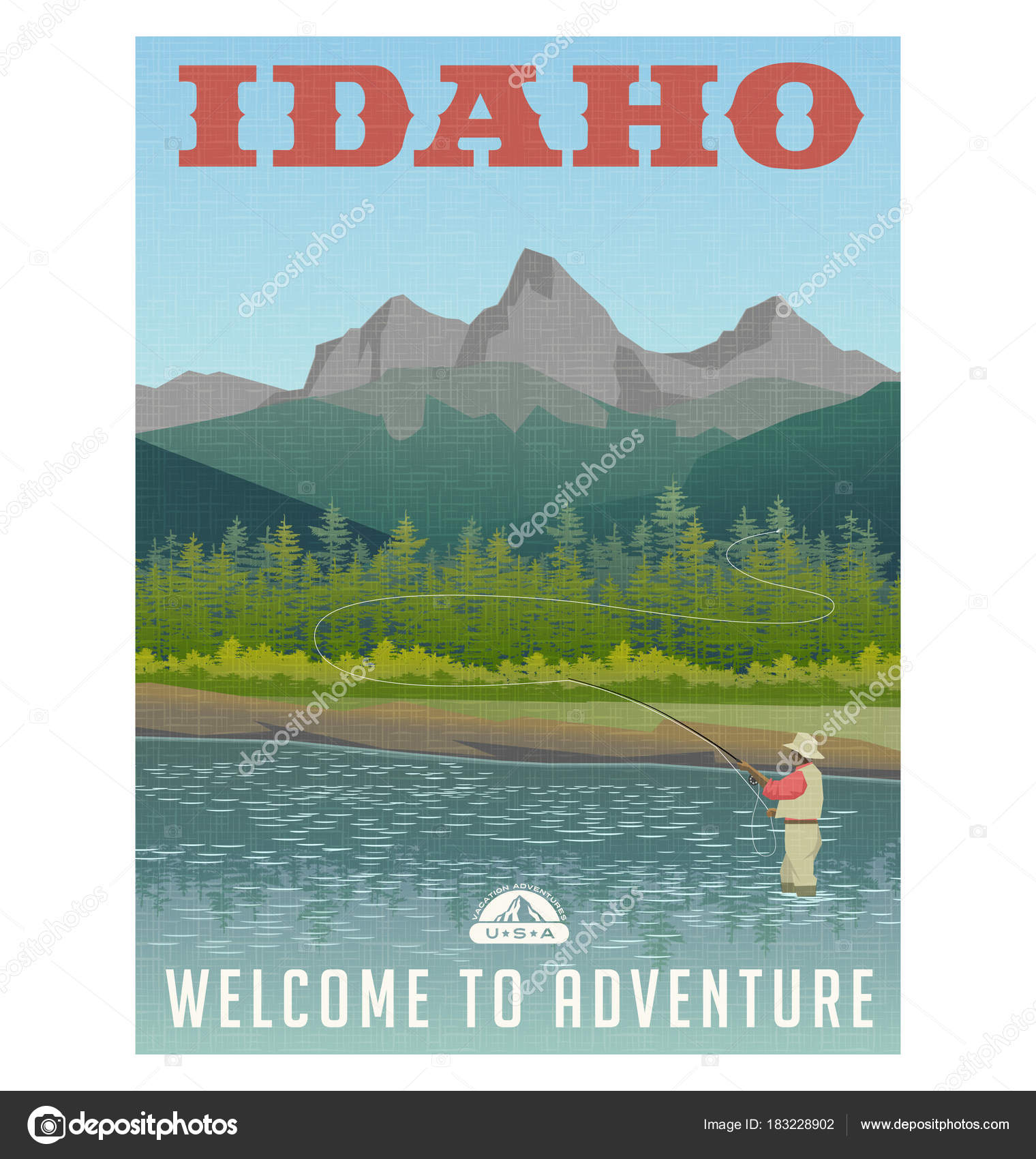 Idaho, United States travel poster or sticker. Fly fishing in mountain  stream. Stock Vector by ©TeddyandMia 183228902