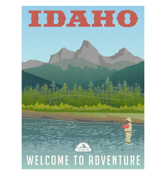 Idaho, United States travel poster or sticker. Fly fishing in mountain stream. — Stock Illustration Idaho, United States travel poster or sticker. Fly fishing in mountain stream. Stock Vector