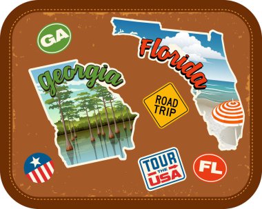 Georgia, Florida, travel stickers with scenic attractions and retro text on vintage suitcase background clipart