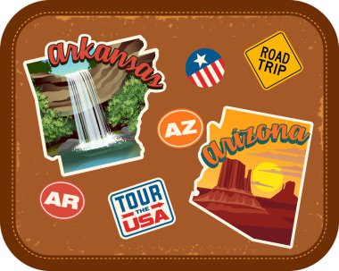 Arkansas, Arizona doğal konumlar ve retro metin ile sopa vintage çanta arka plan üzerinde seyahat