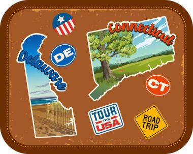 Delaware, Connecticut, doğal konumlar ve retro metin ile sopa vintage çanta arka plan üzerinde seyahat.