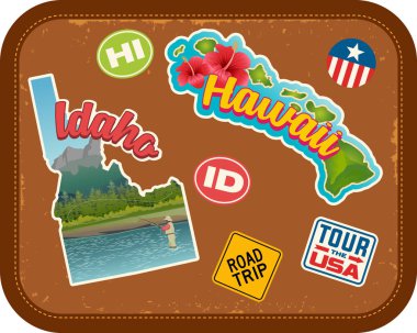 Idaho ve Hawaii doğal konumlar ve retro metin ile sopa vintage çanta arka plan üzerinde seyahat