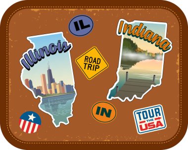 Illinois and Indiana travel stickers with scenic attractions and retro text on vintage suitcase background clipart
