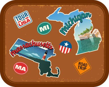 Massachusetts, Michigan doğal konumlar ve retro metin ile sopa vintage çanta arka plan üzerinde seyahat