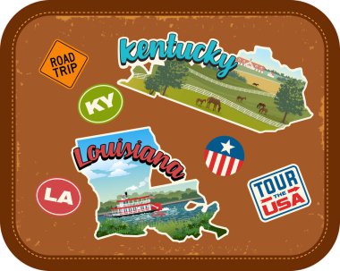 Kentucky, Louisiana doğal konumlar ve retro metin ile sopa vintage çanta arka plan üzerinde seyahat