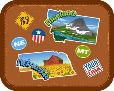 Montana, Nebraska travel stickers with scenic attractions and retro text on vintage suitcase background clipart