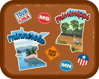 Minnesota, Mississippi doğal konumlar ve retro metin ile sopa vintage çanta arka plan üzerinde seyahat