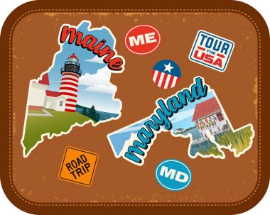 Maine, Maryland travel stickers with scenic attractions and retro text on vintage suitcase background clipart