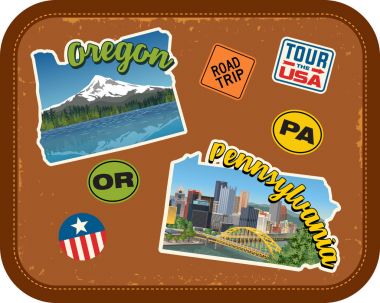Oregon, Pennsylvania seyahat etiketlileri doğal konumlar ve retro vintage çanta arka plan metni
