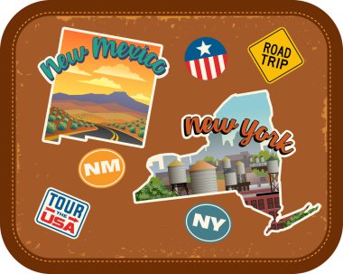 New Mexico, New York travel stickers with scenic attractions and retro text on vintage suitcase background