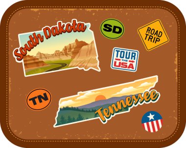 Güney Dakota, Tennessee doğal konumlar ve retro metin ile sopa vintage çanta arka plan üzerinde seyahat