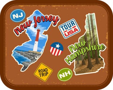 New Jersey, New Hampshire doğal konumlar ve retro metin ile sopa vintage çanta arka plan üzerinde seyahat