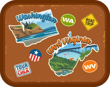 Washington, Batı Virginia seyahat doğal konumlar ve retro metin ile sopa vintage çanta arka plan üzerinde