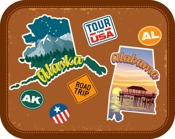 Alaska, Alabama pegatinas de viaje con atracciones escénicas y texto retro en fondo de maleta vintage — Vector de stock