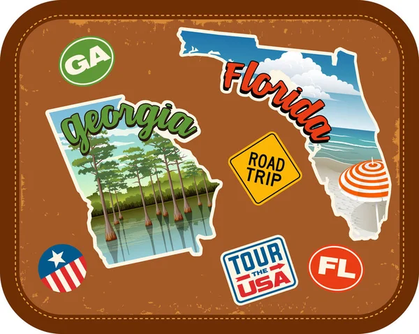 ジョージア州、フロリダ州、ヴィンテージ スーツケース背景に風光明媚な観光スポットやレトロなステッカーを旅行します。 — ストックベクタ
