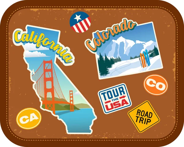 Pegatinas de viaje de California y Colorado con atracciones escénicas y texto retro sobre fondo de maleta vintage — Vector de stock