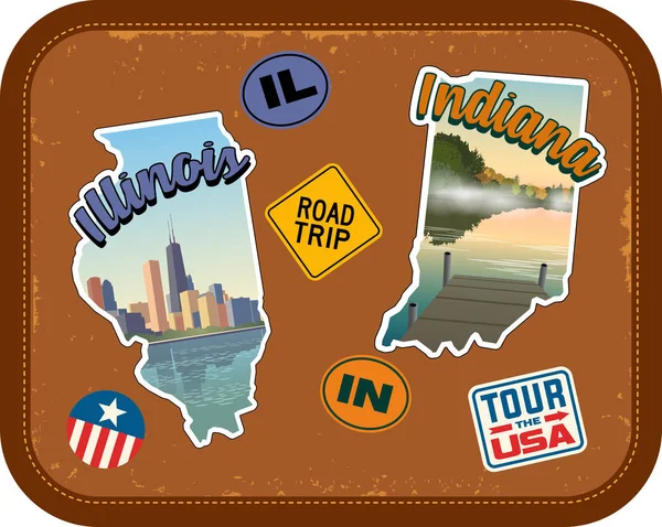 Pegatinas de viaje de Illinois e Indiana con atracciones escénicas y texto retro sobre fondo de maleta vintage — Vector de stock