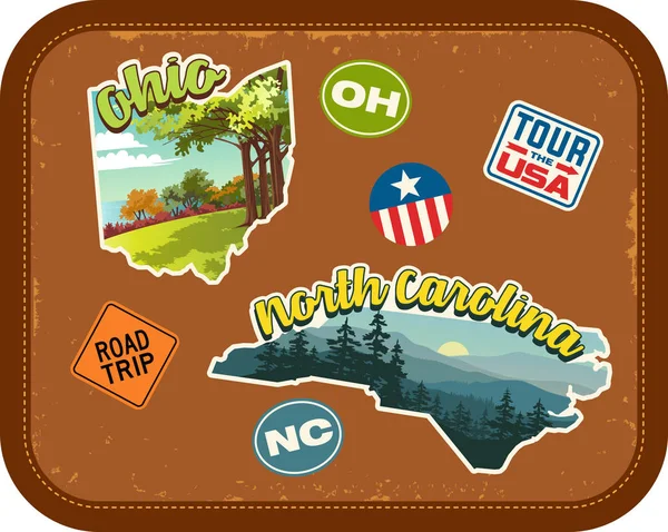 Ohio, Carolina do Norte viagem adesivos com atrações cênicas e texto retro no fundo da mala vintage —  Vetores de Stock