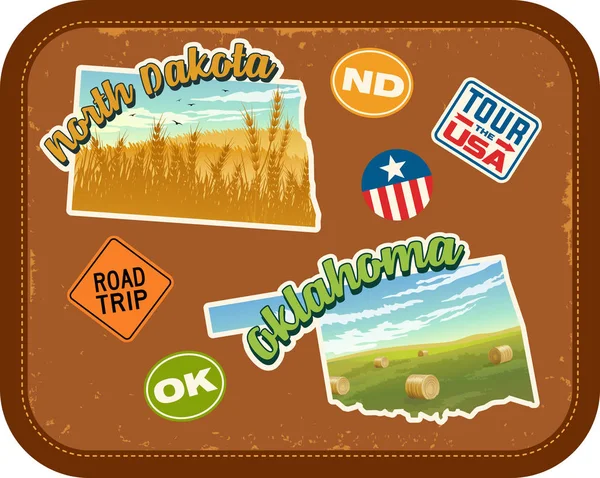 Noord-Dakota, Oklahoma reizen stickers met schilderachtige attracties en retro tekst op vintage koffer achtergrond — Stockvector