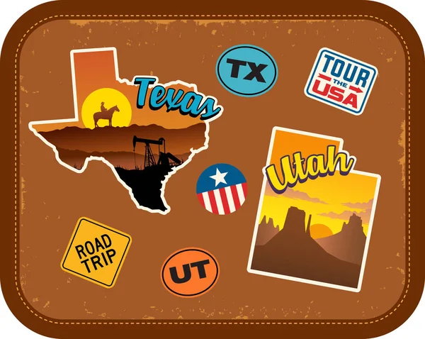 Pegatinas de viaje de Texas, Utah con atracciones escénicas y texto retro sobre fondo de maleta vintage — Vector de stock