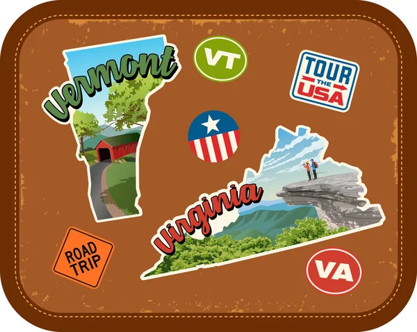 Pegatinas de viaje Vermont, Virginia con atracciones escénicas y texto retro sobre fondo de maleta vintage — Vector de stock