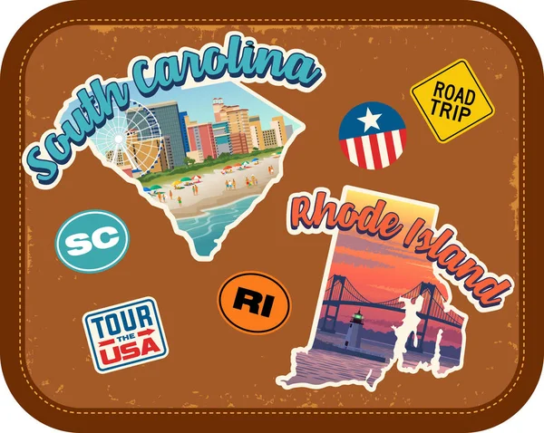 Carolina do Sul, Rhode Island viagem adesivos com atrações cênicas e texto retro no fundo da mala vintage — Vetor de Stock