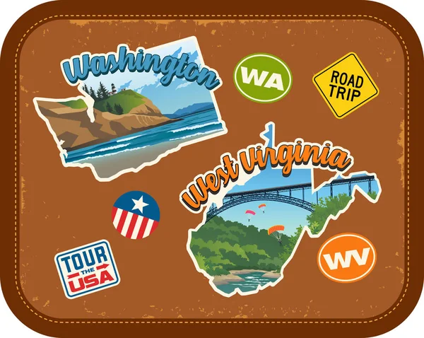 ワシントン州、ウェスト バージニア州は、ヴィンテージ スーツケースの背景に風光明媚な観光スポットやレトロなステッカーを旅行します。 — ストックベクタ