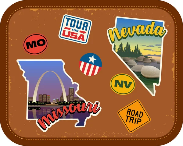 Missouri, Nevada reizen stickers met schilderachtige attracties en retro tekst op vintage koffer achtergrond — Stockvector