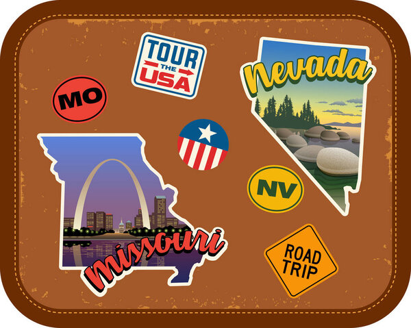Путешественники из Миссури, Невады с живописными пейзажами и ретро-текстом на фоне винтажных чемоданов
