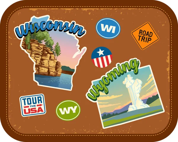 Wisconsin, Wyoming adesivi di viaggio con attrazioni panoramiche e testo retrò su sfondo valigia d'epoca — Vettoriale Stock