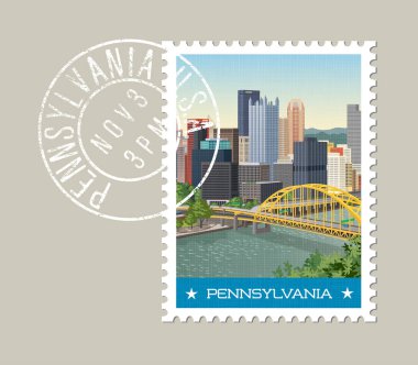 Pennsylvania posta pulu tasarımı. Pittsburgh manzarası vektör Illustration. Grunge posta damgası ayrı katman üzerinde.
