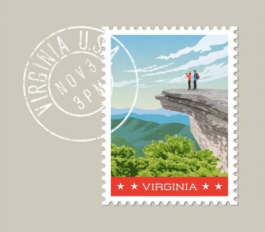 Virginia posta pulu tasarımı. Yürüyüşçüler Appalachian izinde rock cliff üzerinde vektör Illustration. Grunge posta damgası ayrı katman üzerinde.