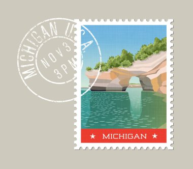 Michigan postage stamp design. Vector illustration of sandstone formations on Lake Superior shoreline. Grunge postmark on separate layer.Print clipart