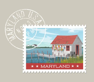 Maryland posta pulu tasarımı. Vektör Illustration balıkçı kulübesi, renkli şamandıralar ve su kenarı iskelede. Grunge posta damgası ayrı katman üzerinde.