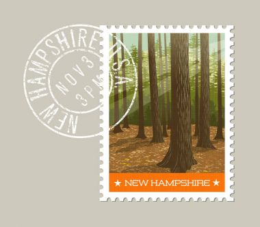 New Hampshire posta pulu tasarımı. Süzme yoluyla güneş ile derin orman vektör Illustration. Grunge posta damgası ayrı katman üzerinde.