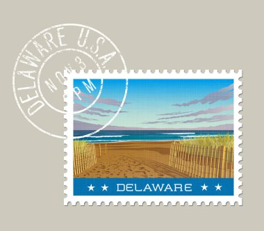 Delaware posta pulu tasarımı. Plaj ve okyanus dalgaları vektör Illustration. Grunge posta damgası ayrı katman üzerinde.