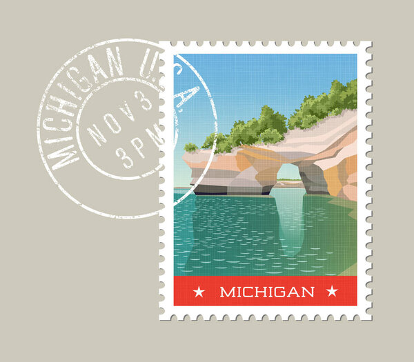 Michigan postage stamp design. Vector illustration of sandstone formations on Lake Superior shoreline. Grunge postmark on separate layer.Print