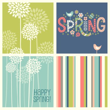 Set of Spring designs including seamless stripes, doodle lettering, tall allium flowers. clipart