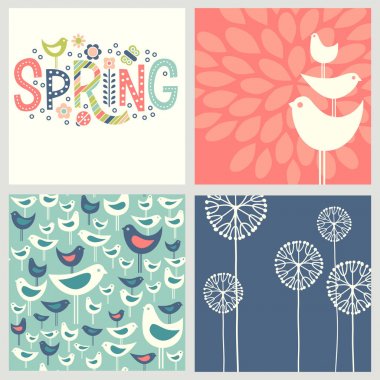 Cheerful coordinating retro Spring designs includes seamless bird pattern, hand drawn flowers and doodle lettering. clipart