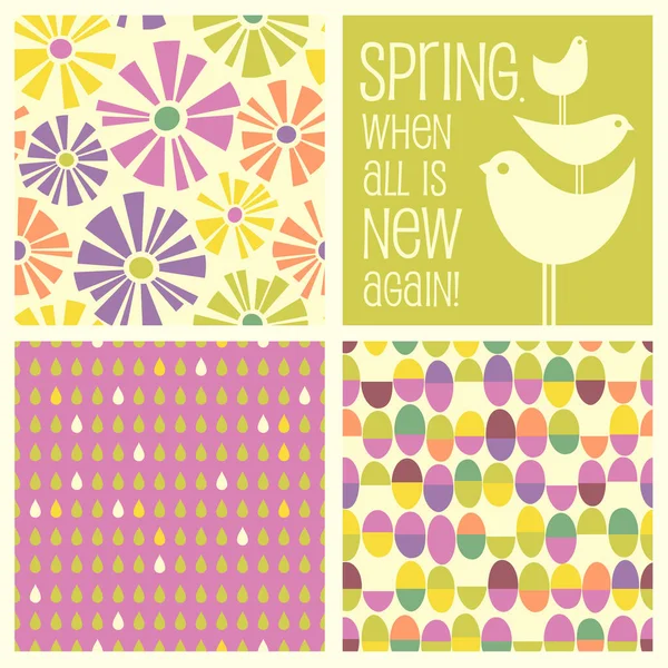 Proiecte de primăvară retro și modele fără sudură, inclusiv margarete, păsări, ouă de Paște, picături de ploaie . — Vector de stoc