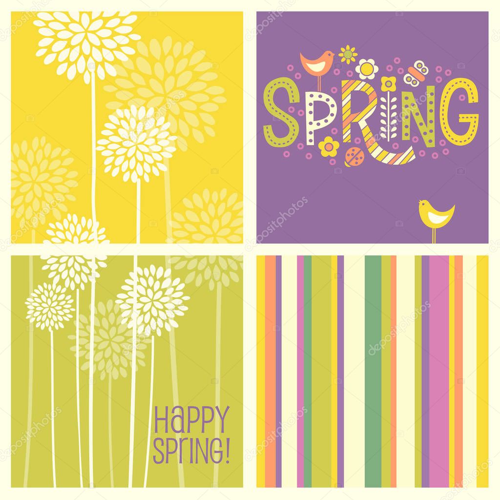 Set of Spring designs including seamless stripes, doodle lettering, tall allium flowers.
