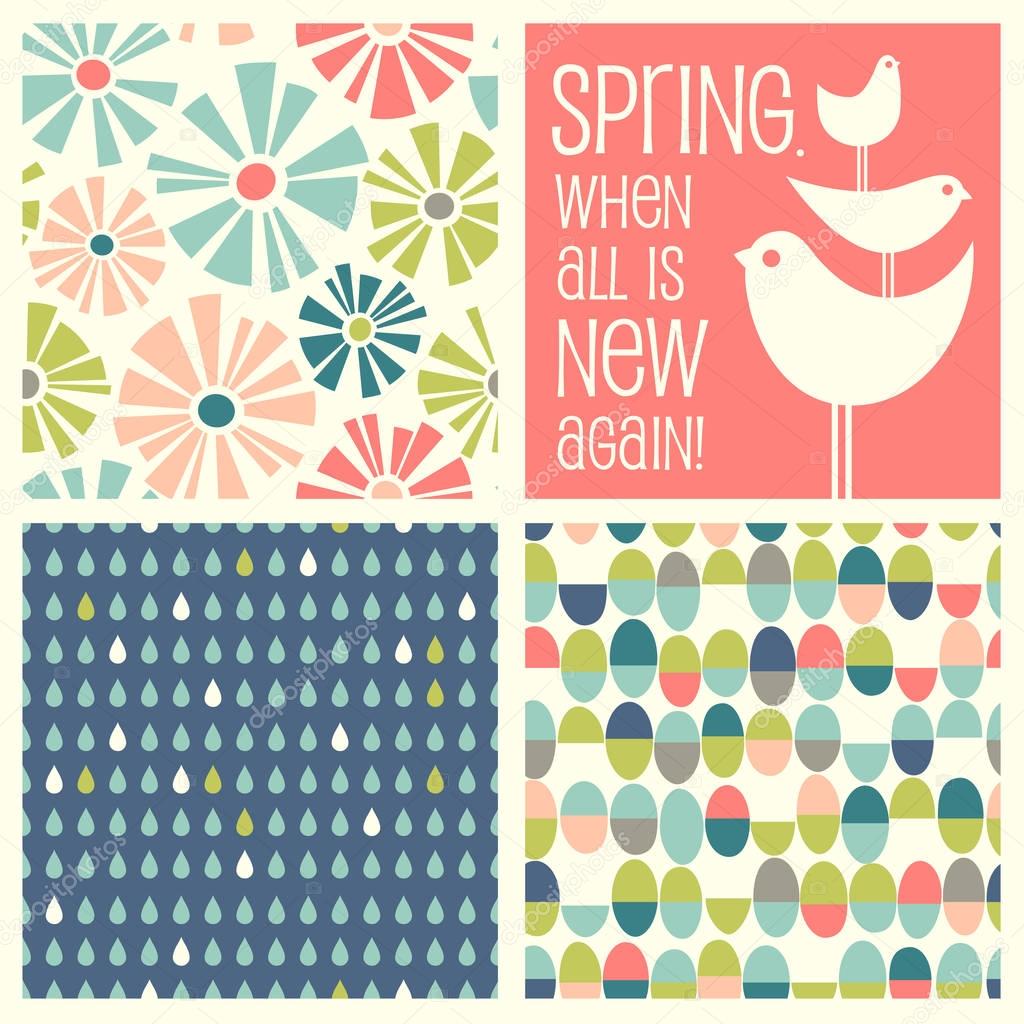 Retro Spring designs and seamless patterns including daisies, birds, Easter eggs, raindrops.